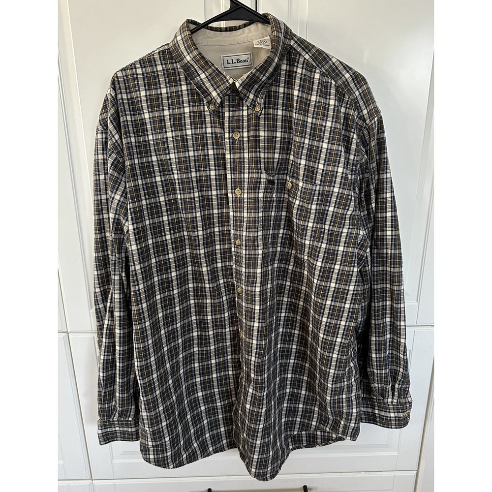 LL Bean Shirt Mens L Scotch Plaid Flannel Blue Brown Tan Long Sleeve 0 DD47